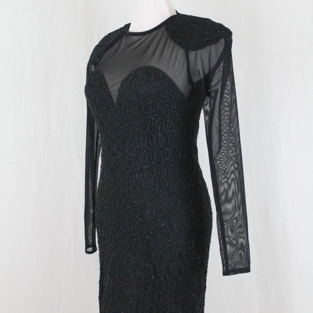Susan Roselli Vijack Vintage Black Corded Metallic Lace Illusion Cocktail Dress - Picture 2 of 10